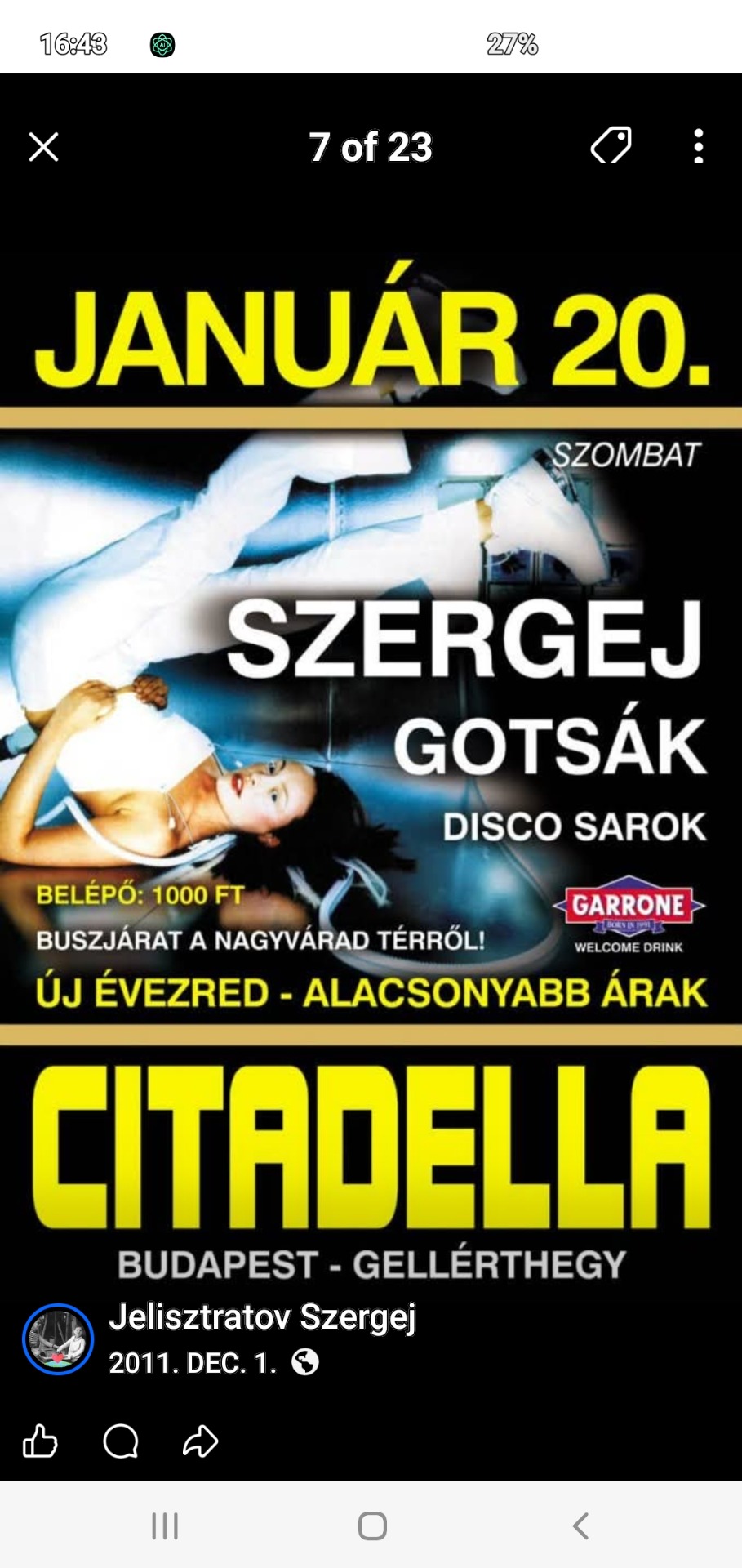 Sárga-fekete buliflyer: „Január 20.”, „Szergej Gotszák”, disco sarok, Budapest, Gellérthegy, táncos fotóval.
